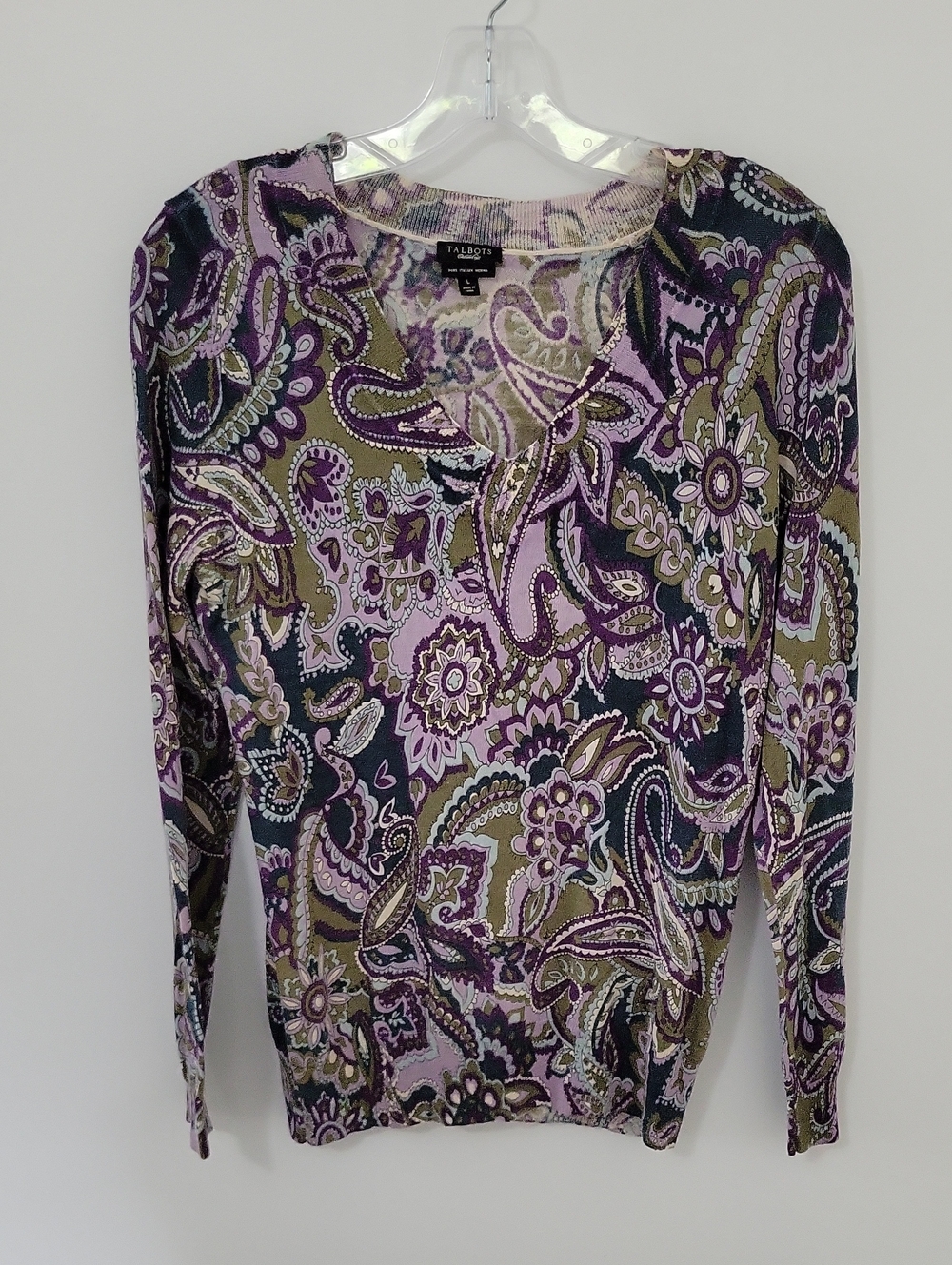 Talbots Paisley V-Neck Merino Wool Sweater, Size Large